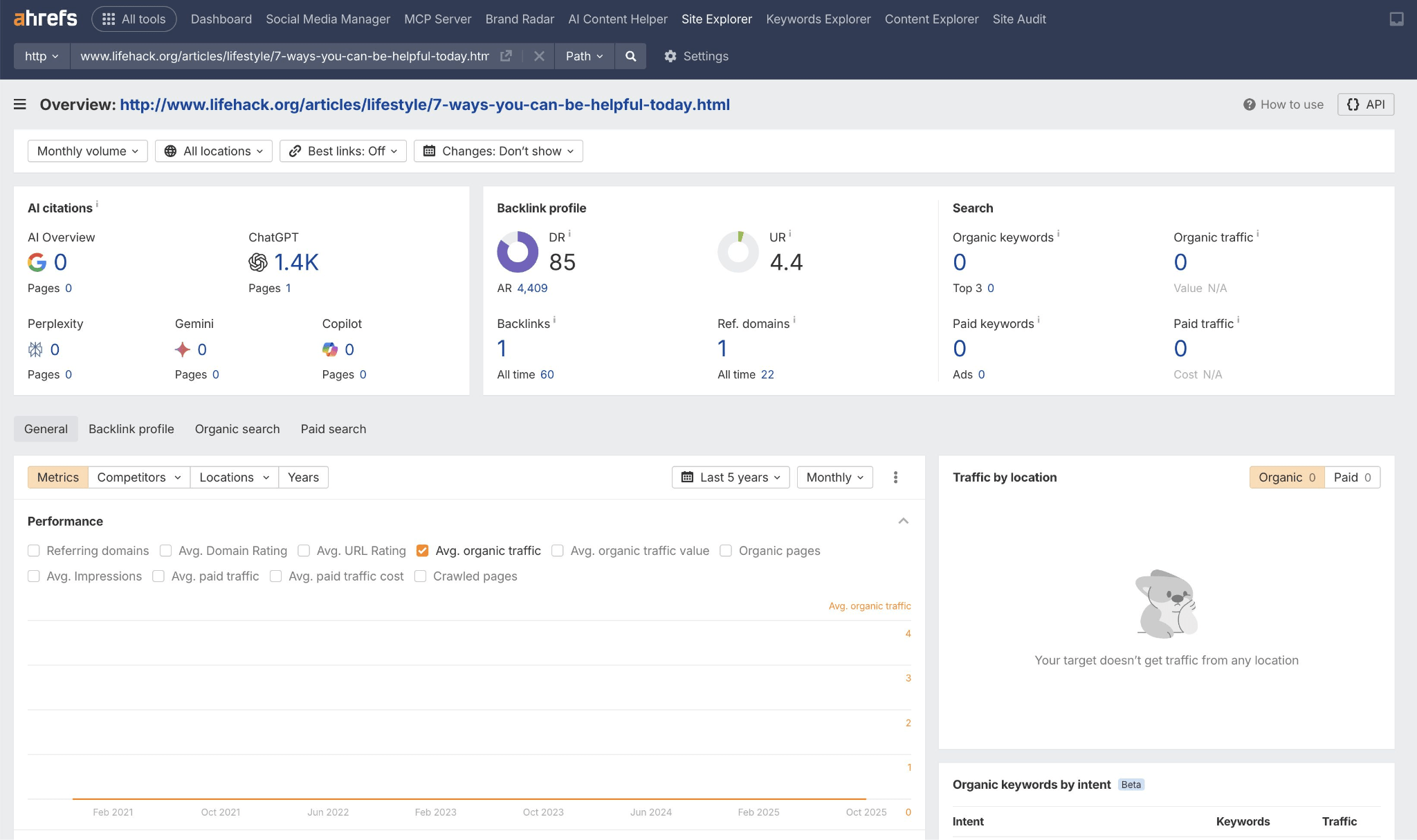 Panel de control de Site Explorer de Ahrefs mostrando el perfil de backlinks y las métricas de tráfico para un artículo de Lifehack, con un DR de 85, un UR de 4,4 y un tráfico orgánico mínimo.