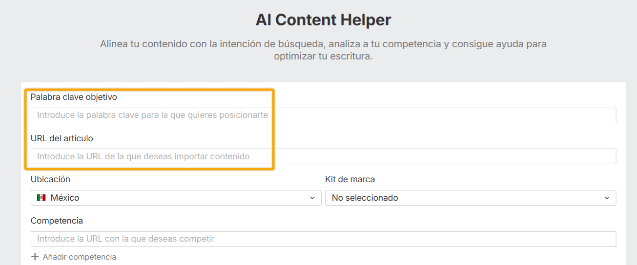 Pantalla de configuración del AI Content Helper de Ahrefs.