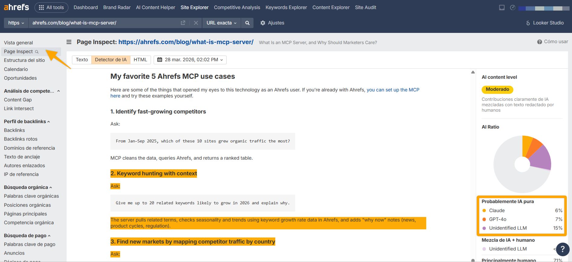 Una captura de pantalla de la herramienta 'Page Inspect' de Ahrefs, que muestra la detección de contenido de IA para un artículo de blog.