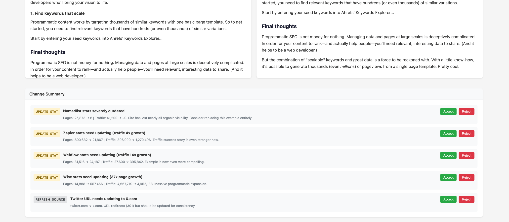 Una página web mostrando texto sobre SEO programático y una sección de "Resumen de Cambios" con actualizaciones para varias estadísticas de la empresa.
