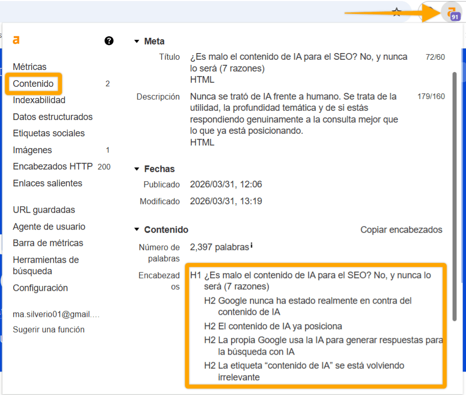 Captura de pantalla de una página web con una superposición que muestra métricas de contenido. Se destaca una sección titulada "Encabezados".