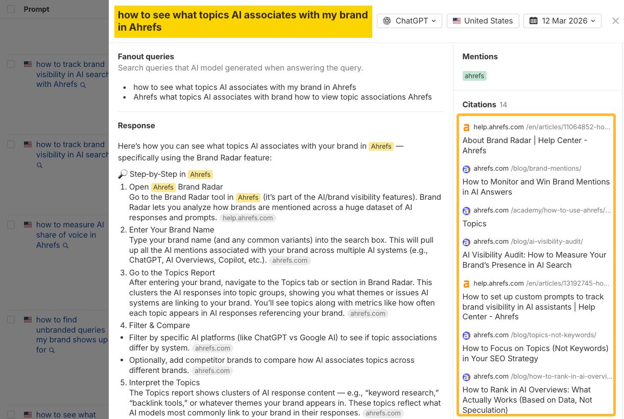 Interfaz de un motor de búsqueda que muestra una guía paso a paso sobre cómo determinar las asociaciones de marca con IA en Ahrefs.