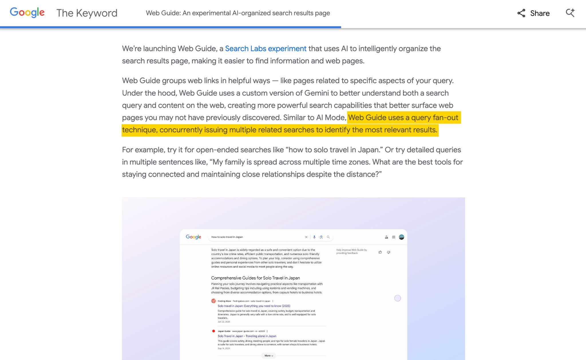 Un artículo de Google explica Web Guide, una herramienta de búsqueda con IA que utiliza el "query fan-out" para encontrar resultados relevantes.