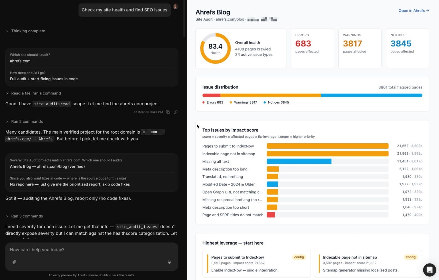 Una interfaz de usuario de pantalla dividida de Agent A que muestra una ventana de chat a la izquierda dirigiendo una comprobación de salud del sitio, emparejada con un panel de Site Audit de Ahrefs del blog a la derecha que presenta puntuaciones de salud, recuentos de errores y listas priorizadas de problemas de indexación.