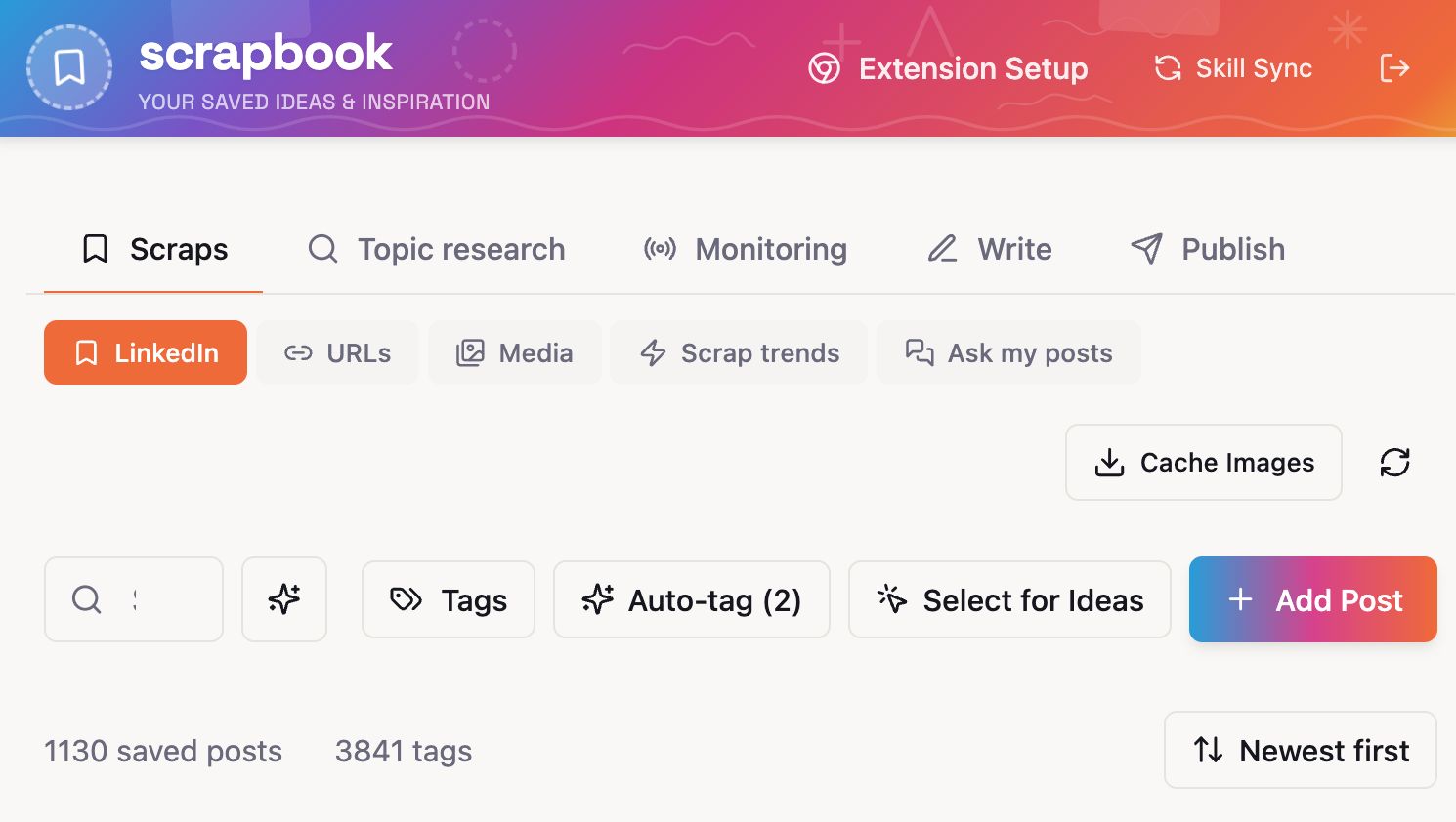 Un panel de control etiquetado como «scrapbook» para guardar ideas. Muestra pestañas como «Recortes», «Investigación de temas» y «Monitorización».