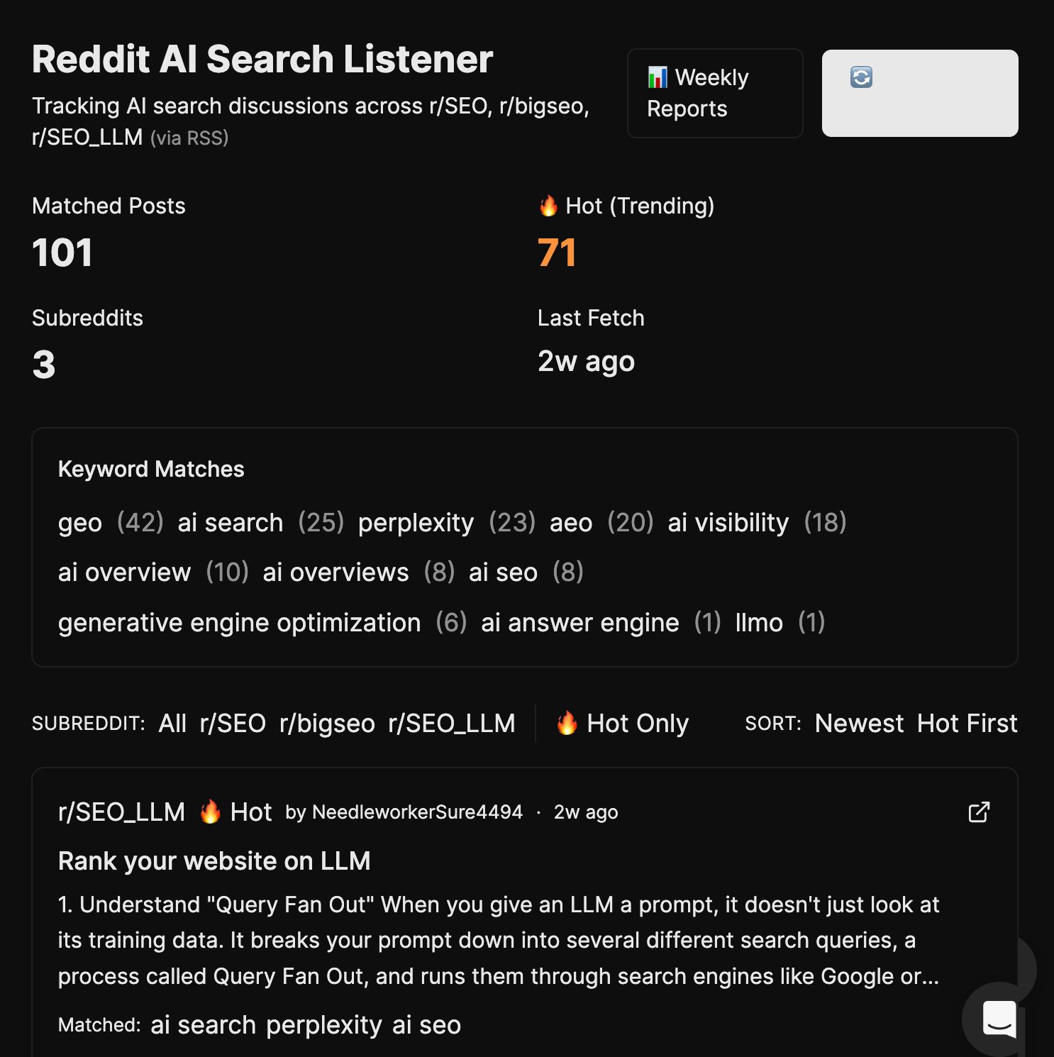 Un panel de control para el «Reddit AI Search Listener», que muestra estadísticas como 101 publicaciones coincidentes, 71 en tendencia y una lista de coincidencias de palabras clave.