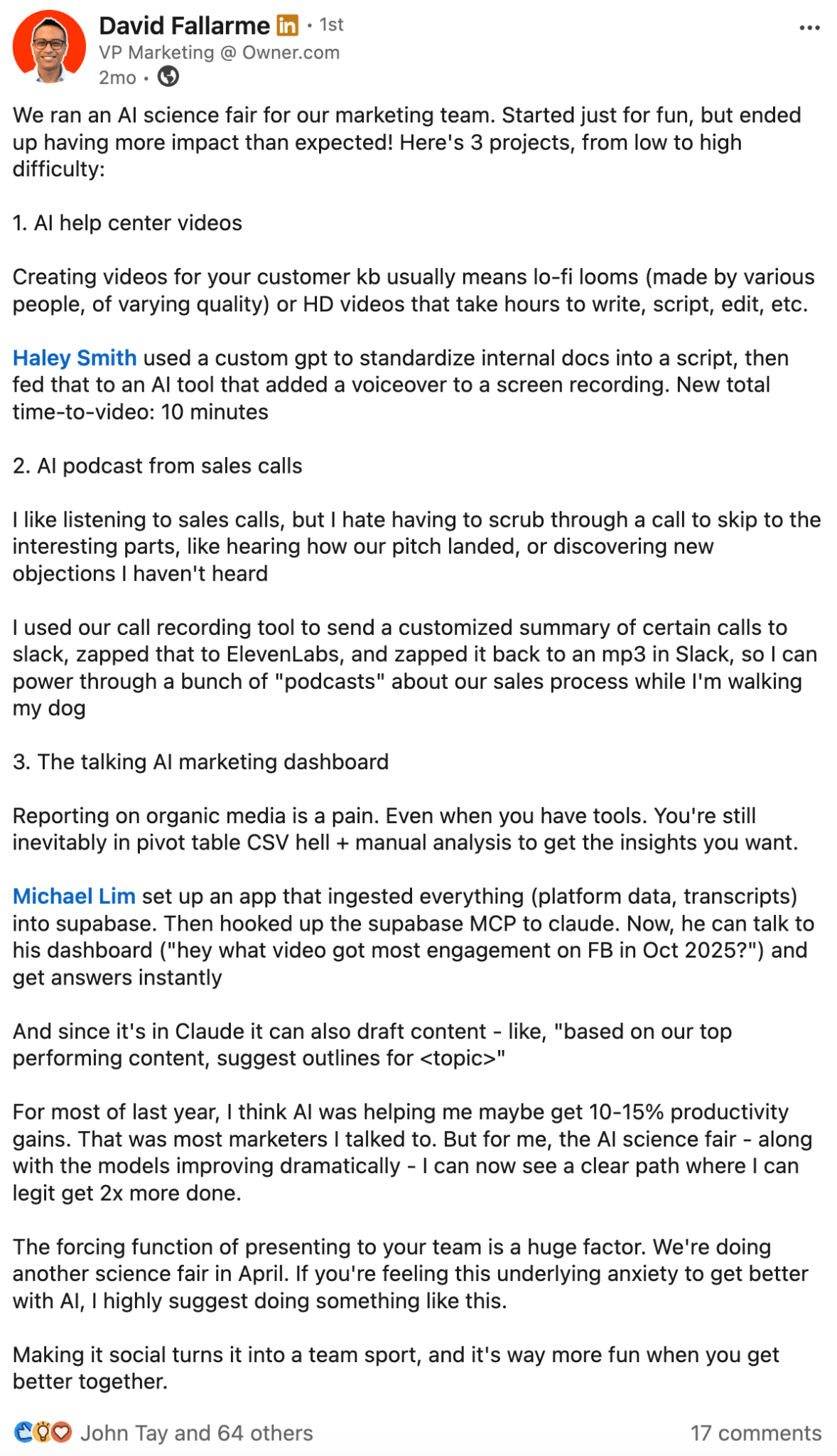 Un post de LinkedIn por by David Fallarme.