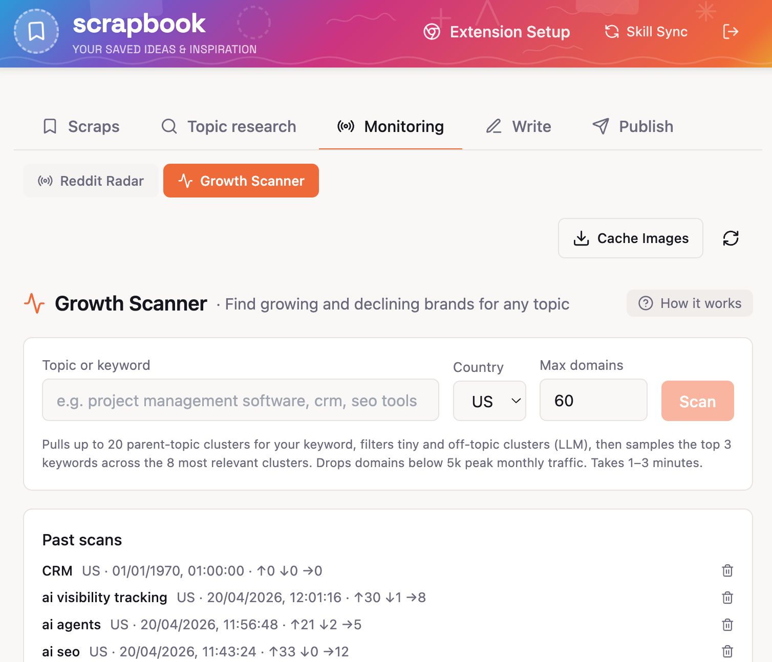 Una captura de pantalla de la función «Growth Scanner» dentro de la aplicación web Scrapbook para monitorización.