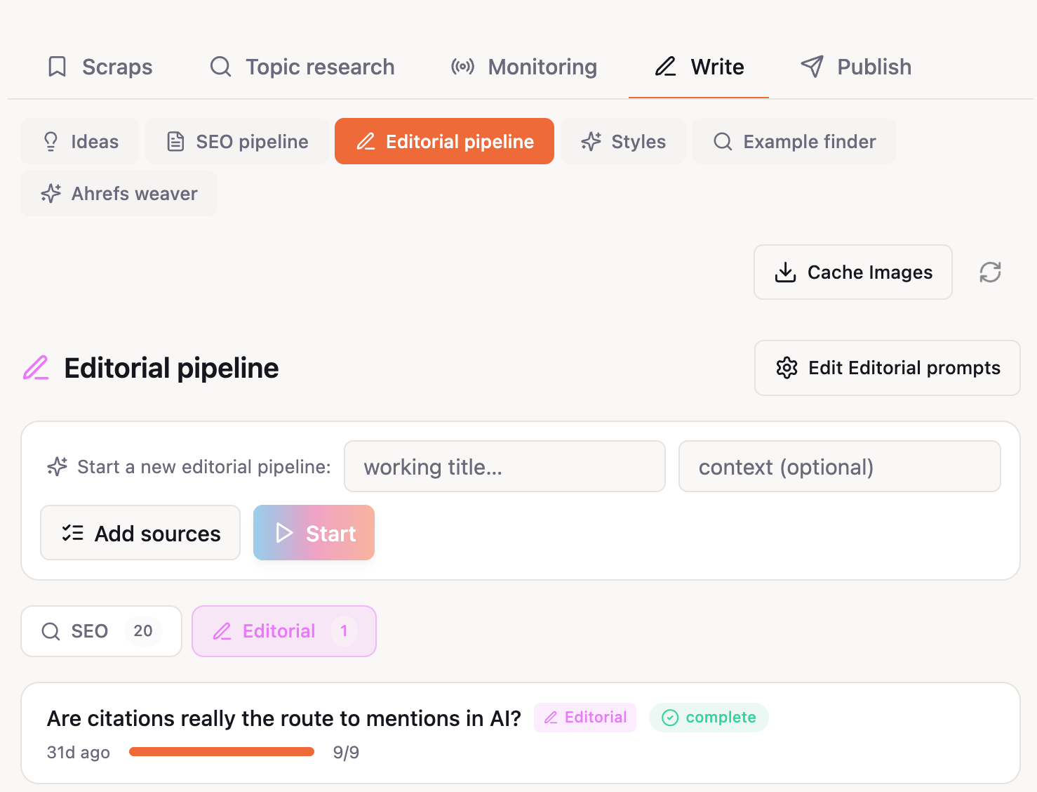 Una interfaz digital para gestionar proyectos de escritura. Muestra «Pipeline editorial» con opciones para iniciar un nuevo proyecto.