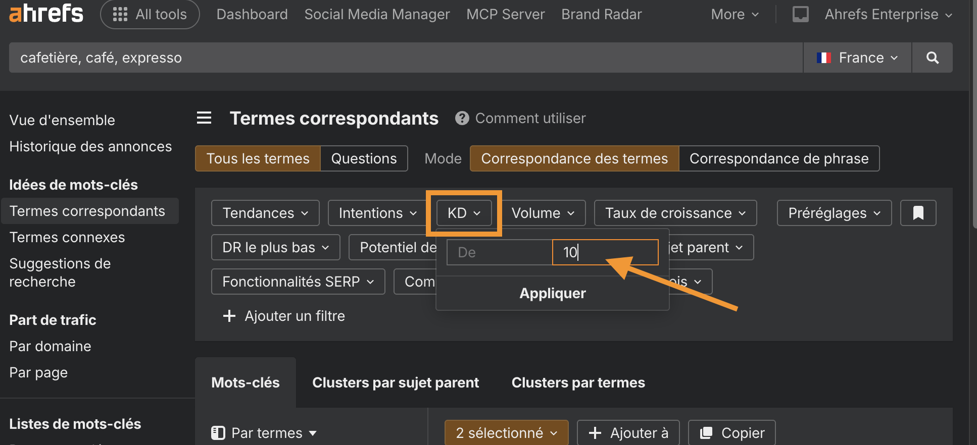 creer du contenu cibler mots cles faible difficulte ahrefs