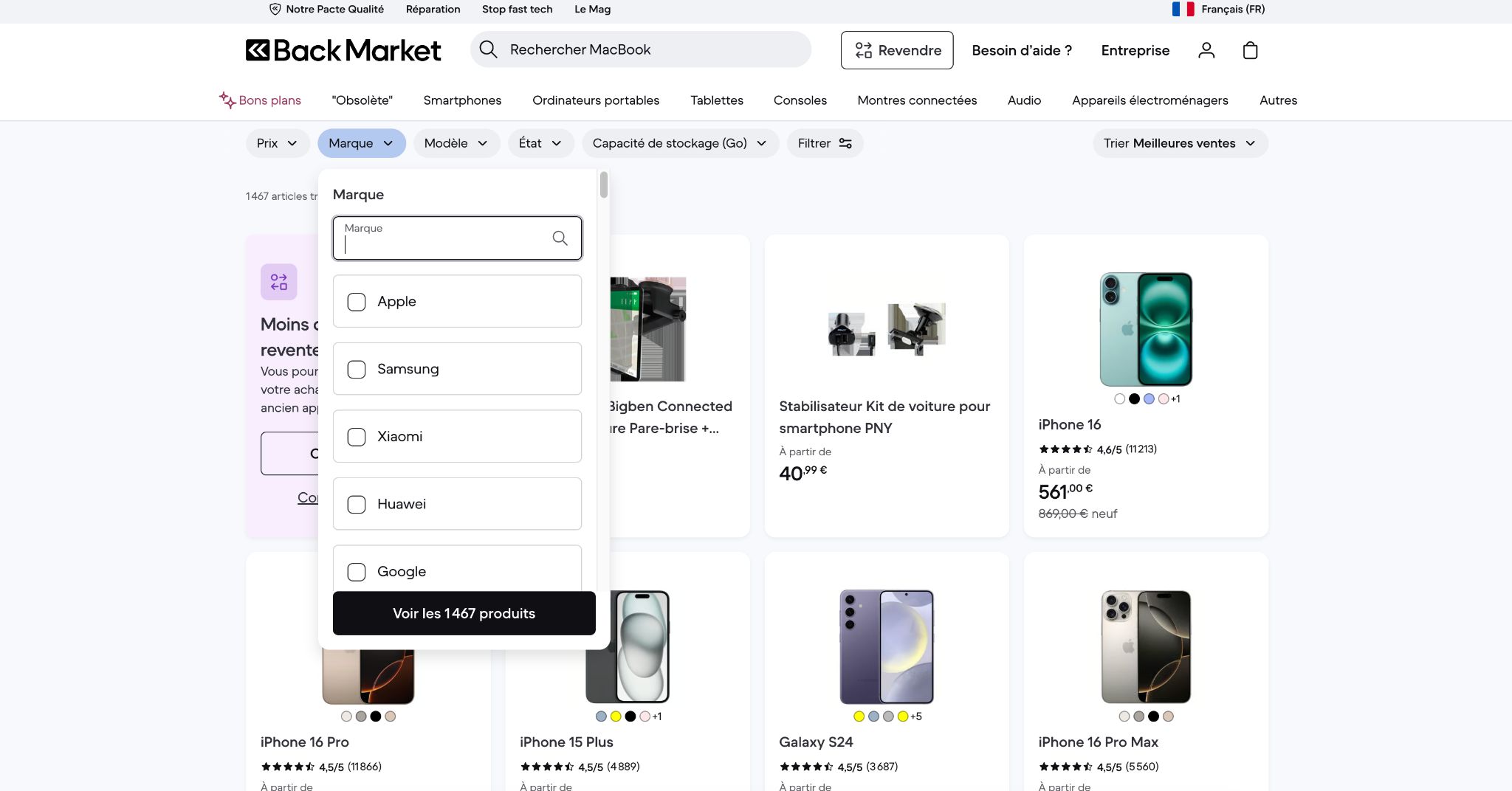Recherche à facettes par marques chez Back Market