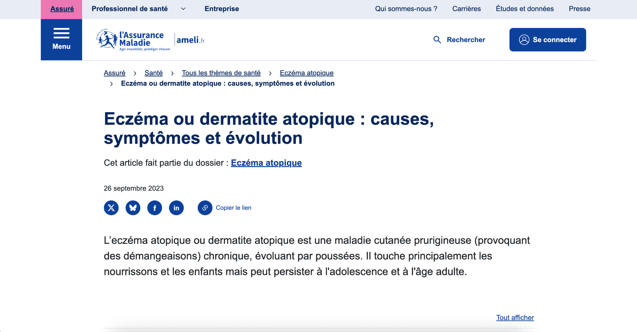 Page d'Ameli.fr sur l'eczéma