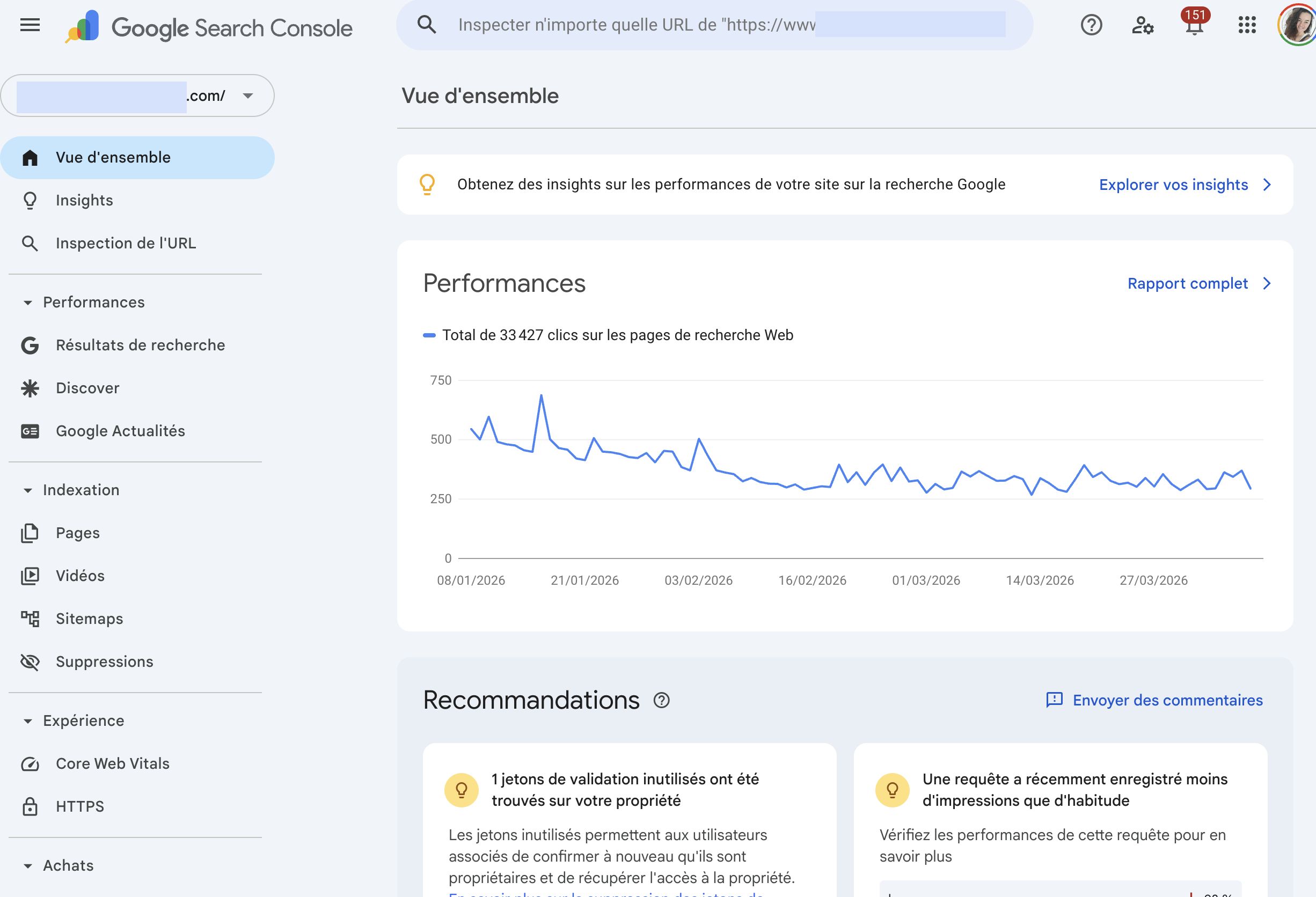 Exemple d'à quoi ressemble un compte Google Search Console français avec un CMS WordPress