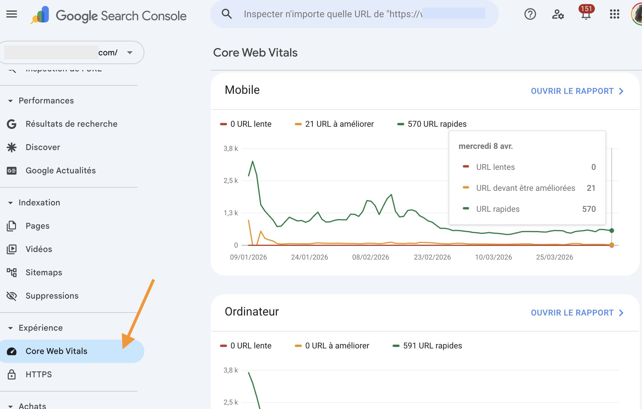 Capture d'écran de la Google Search Console d'un site avec l'onglet Experience ouvert pour trouver des indicateurs des Core Web Vitals