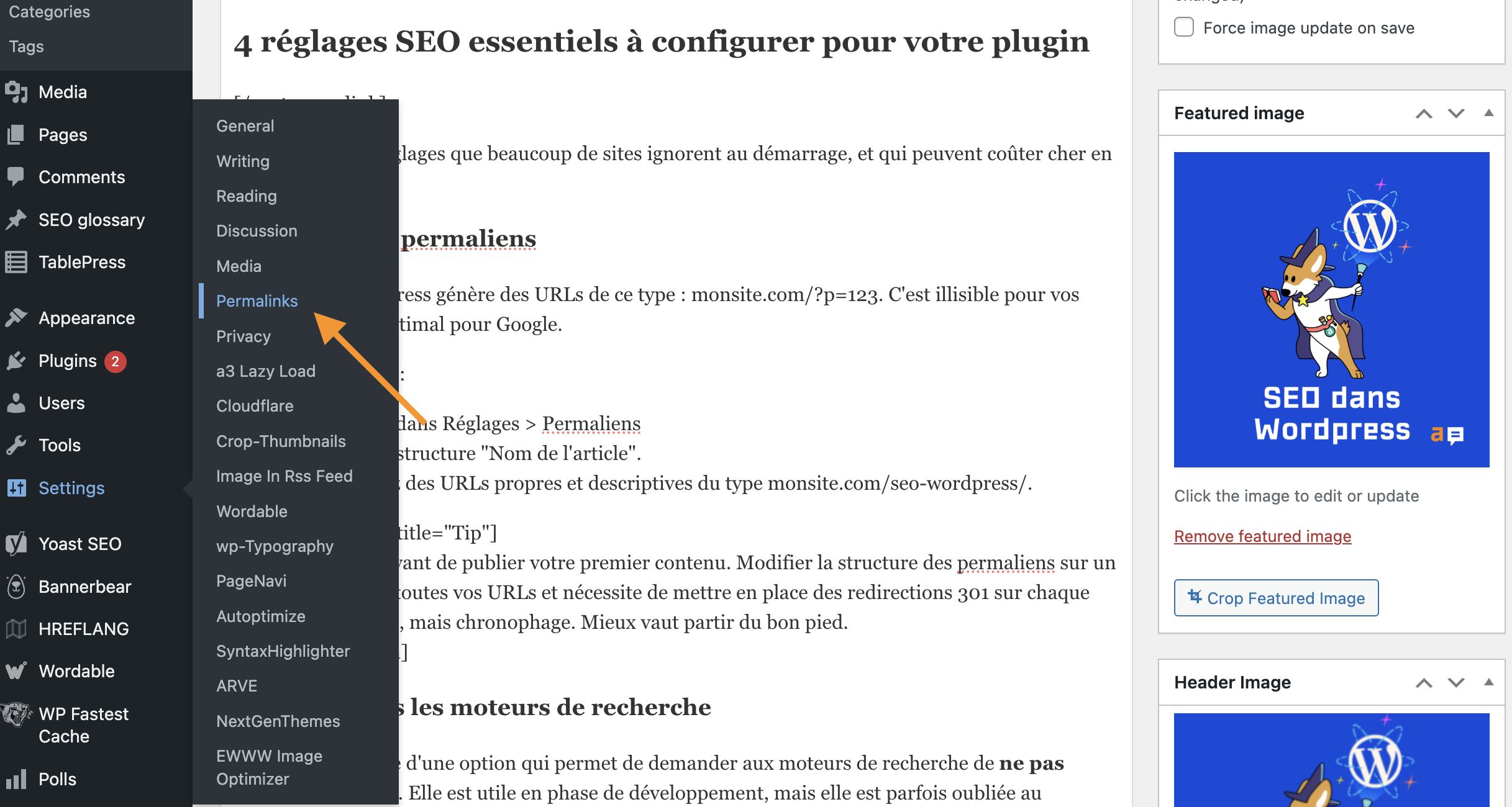 Capture d'écran WordPress pour changer le permalien créé par le CMS pour votre SEO