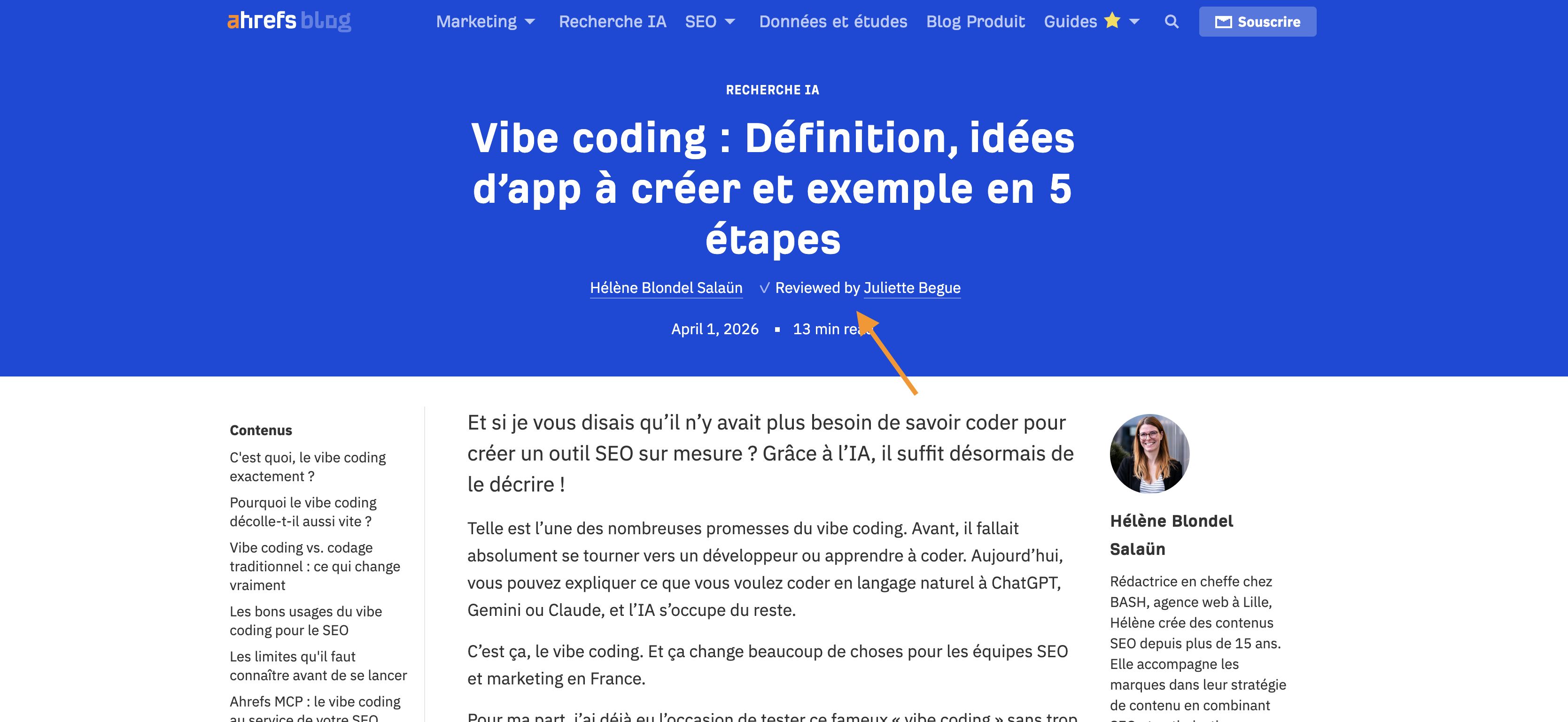 Extrait du blog français d'Ahrefs où on mentionne une relectrice. 