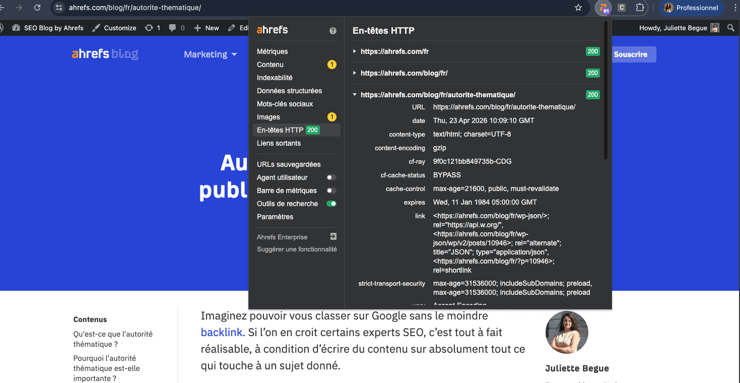 Capture d'écran de l'extension SEO gratuite d'Ahrefs pour identifier les codes HTTP et les erreurs