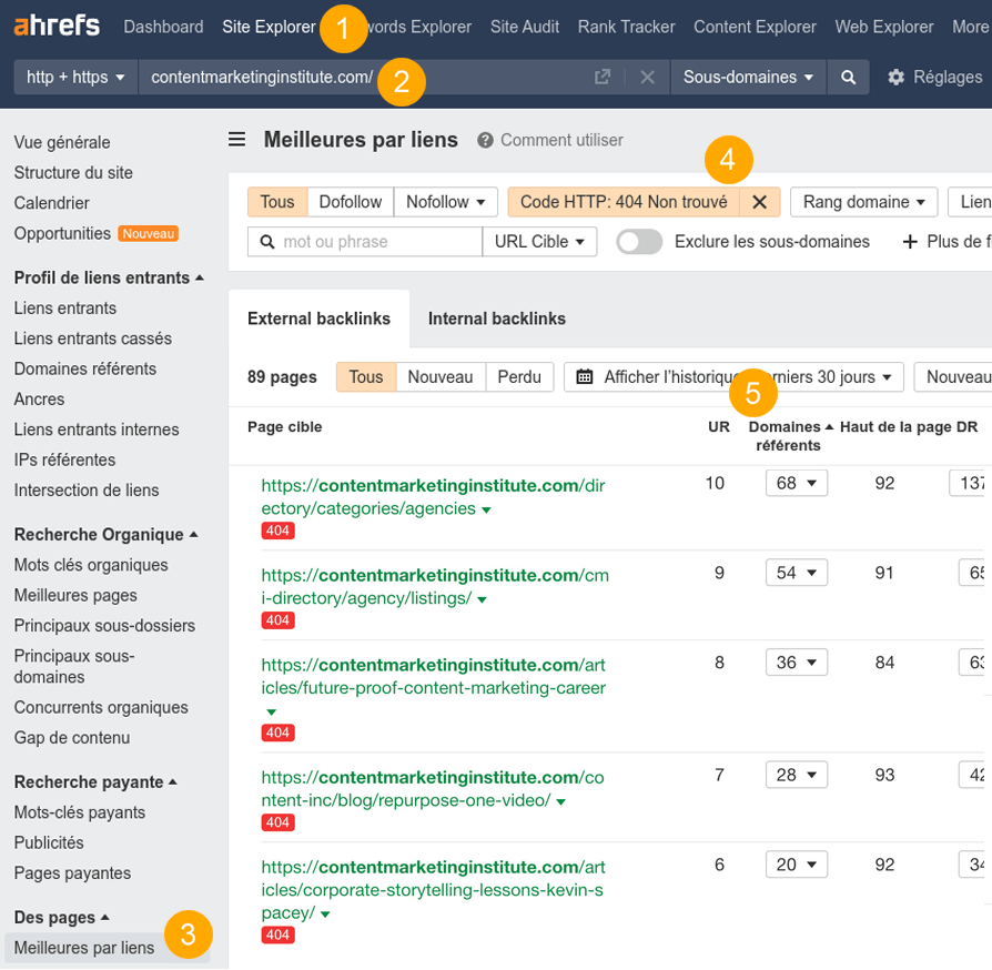 Trouver les pages cassées à réparer, via le Site Explorer d'Ahrefs