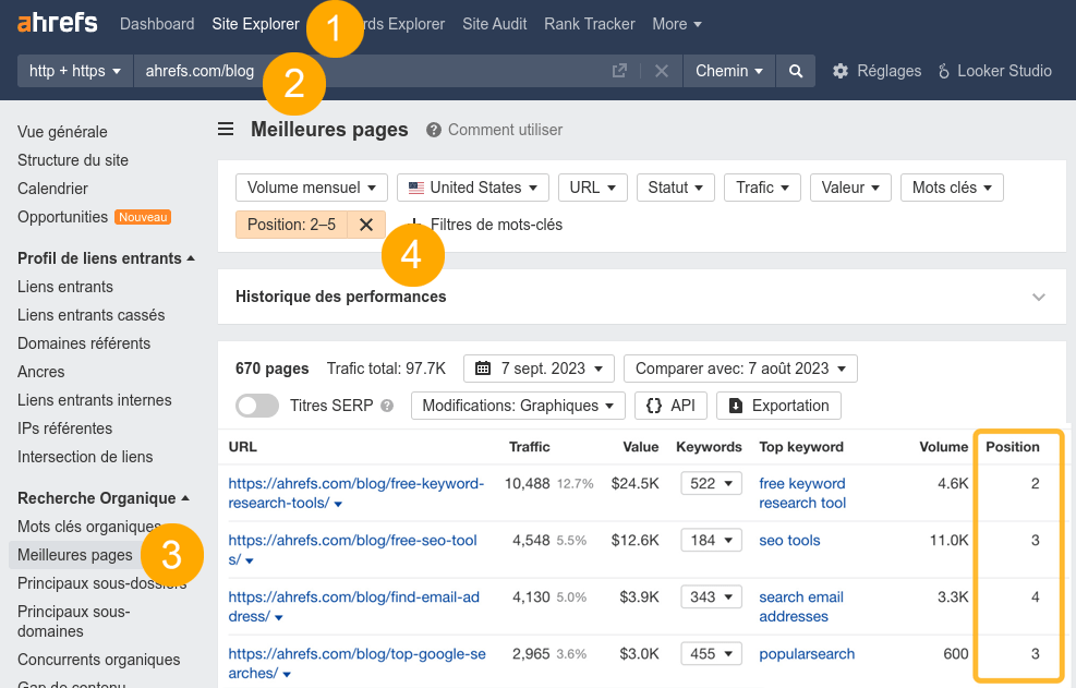 Trouver des pages pour optimiser les balises de titre, via le Site Explorer d'Ahrefs