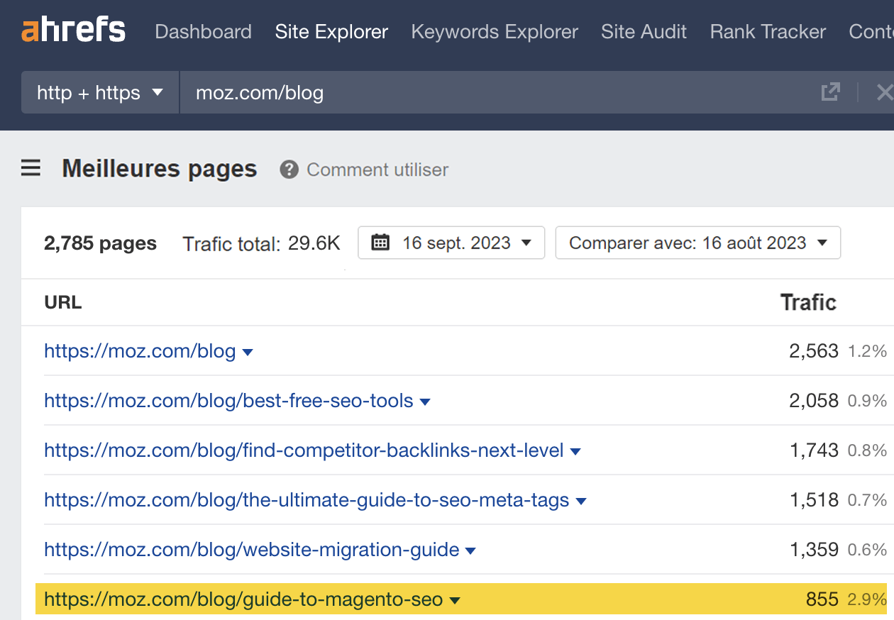 Les meilleures pages présentent des résultats, via le Site Explorer d'Ahrefs