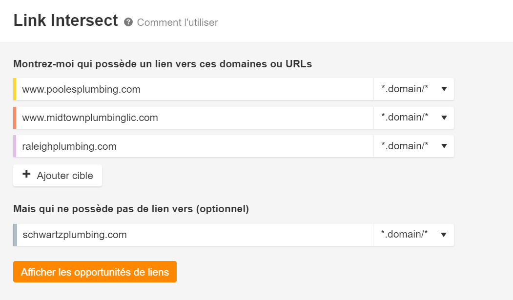 Rapport Link Intersect, via le site Explorer d'Ahrefs