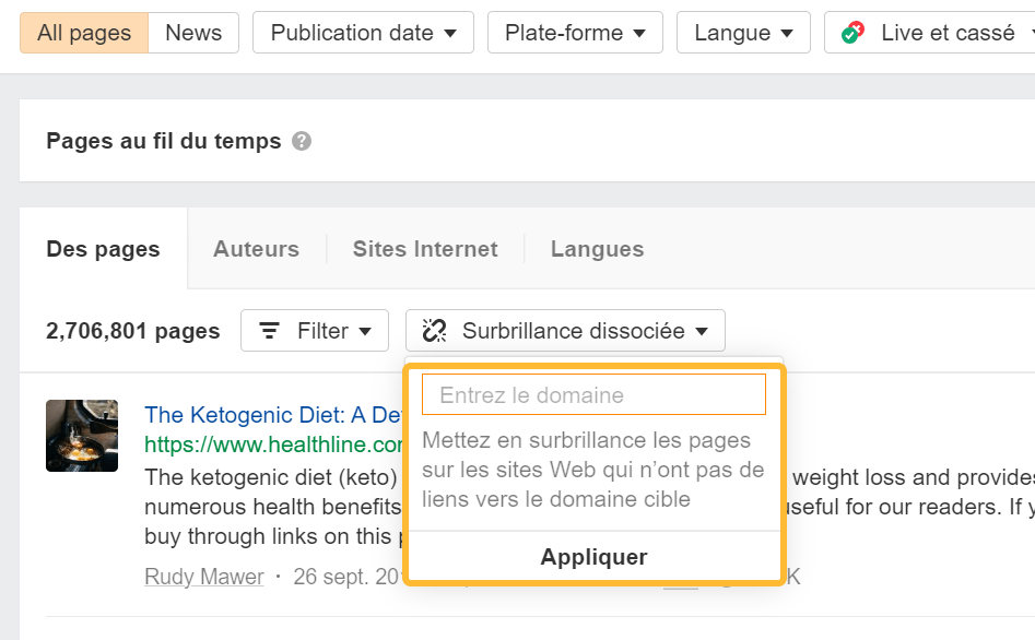 Fonction "Surbrillance dissociée" sur Ahrefs