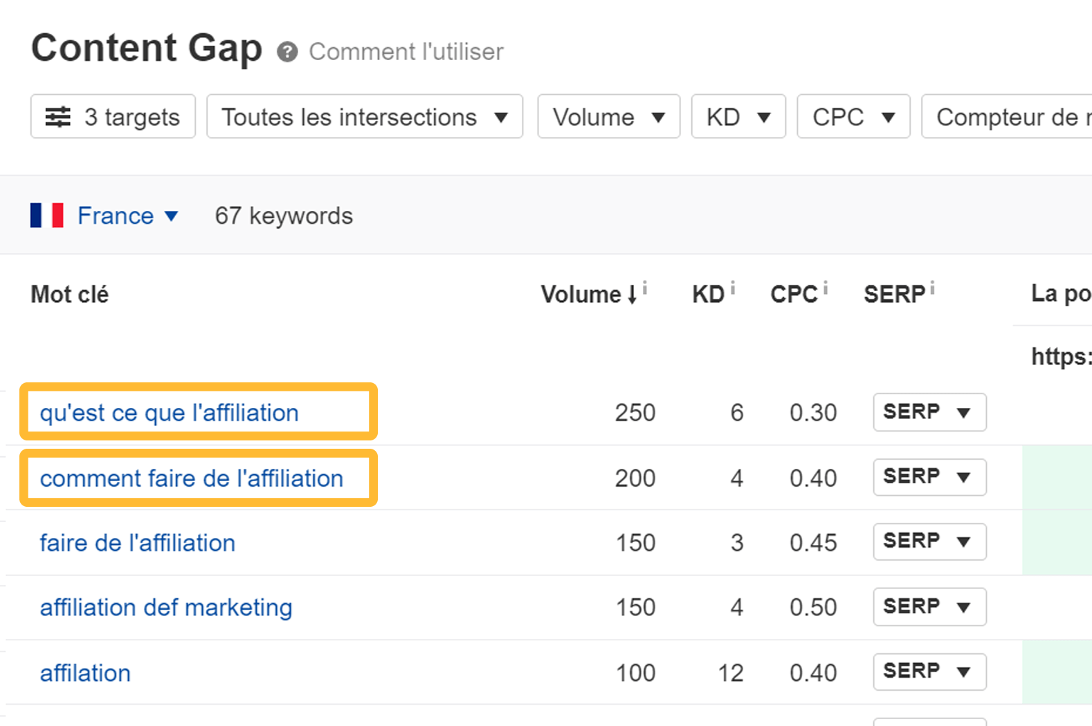 Classement commun des mots-clés pour les articles les mieux classés pour "marketing d'affiliation".