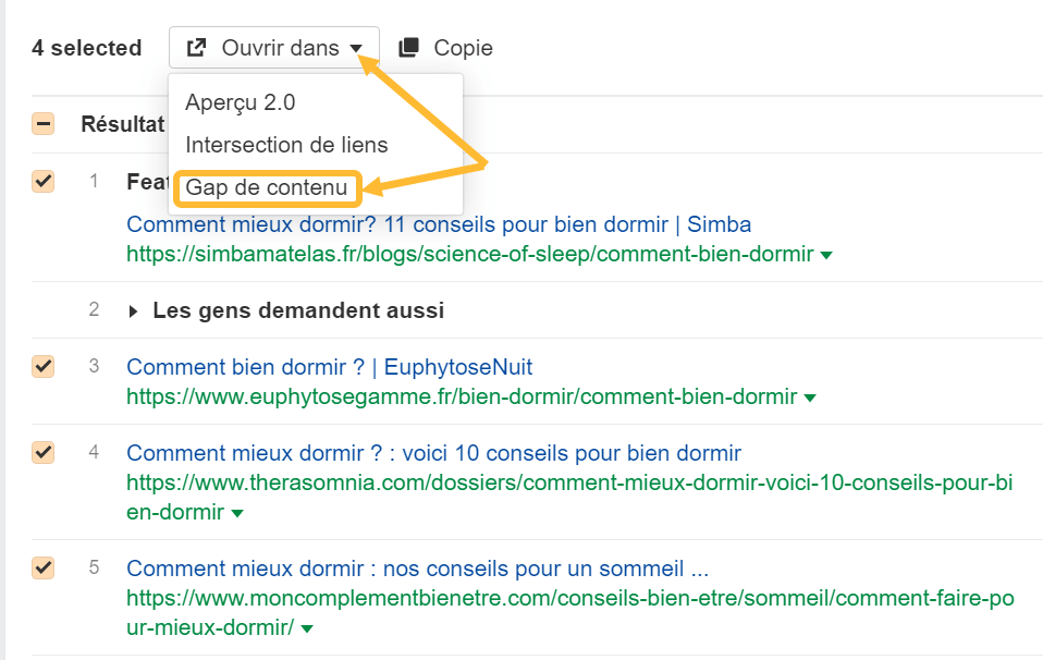Fonction "Ouvrir dans gap de contenu", via le Keywords Explorer d'Ahrefs
