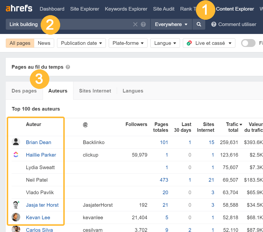 Comment trouver des auteurs à qui s'adresser, grâce au Content Explorer d'Ahrefs