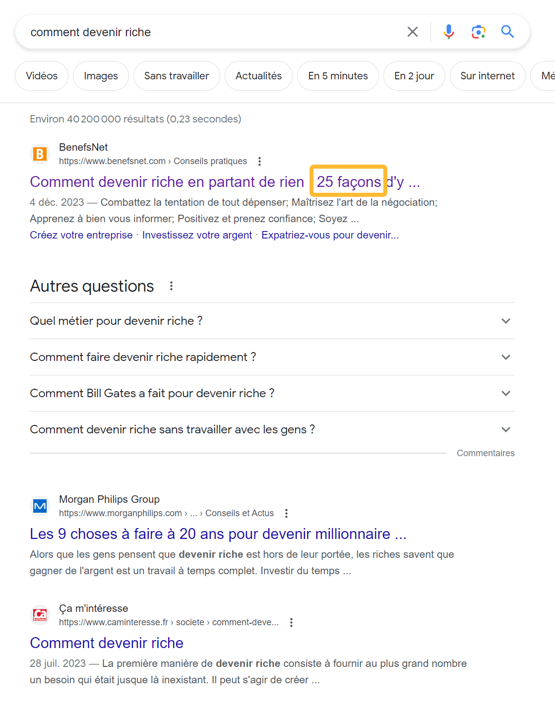 SERP montrant une page avec un angle unique