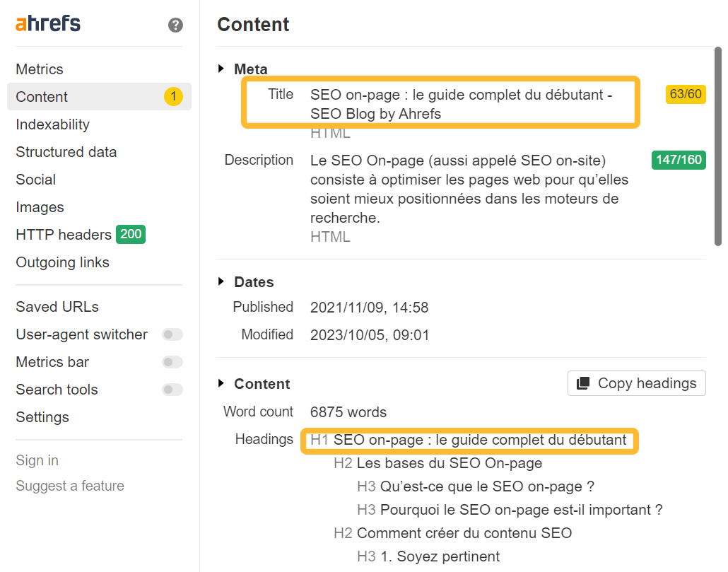 La barre d'outils SEO d'Ahrefs affichant les balises méta