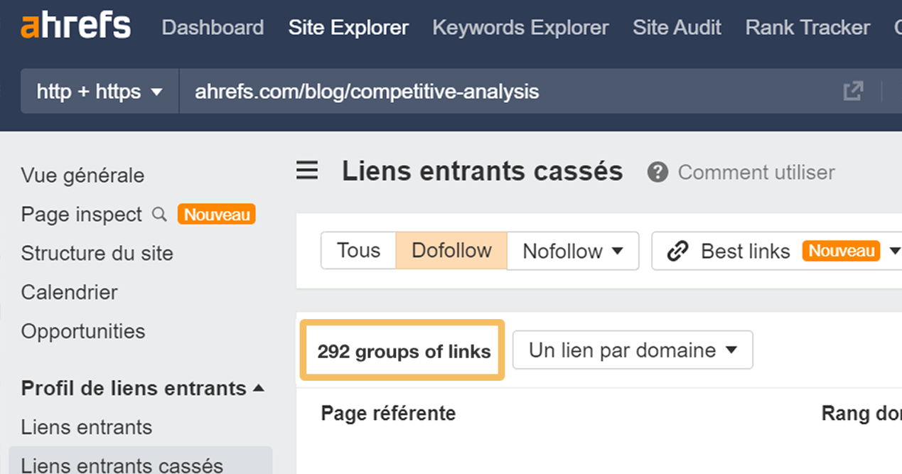 Rapport sur les Backlinks cassés, via le Site Explorer d'Ahrefs  