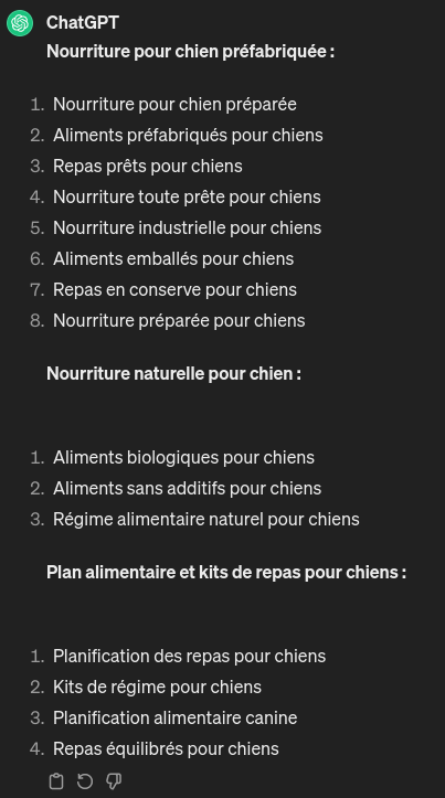 ChatGPT organise les mots-clés en groupes