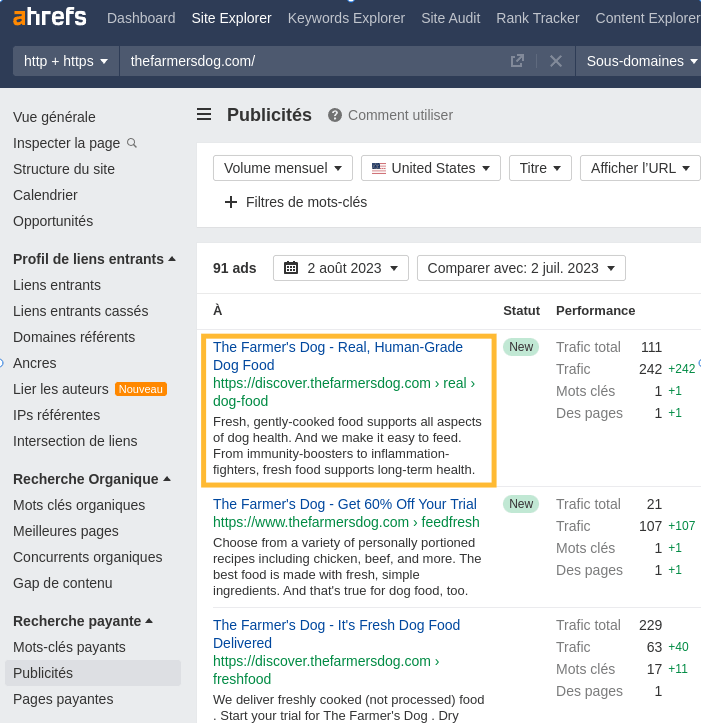Exemple d'une annonce avec des données sur les mots clés et les performances, via Ahrefs' Site Explorer