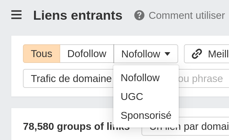 Filtrer les backlinks par attributs "rel" dans Ahrefs.