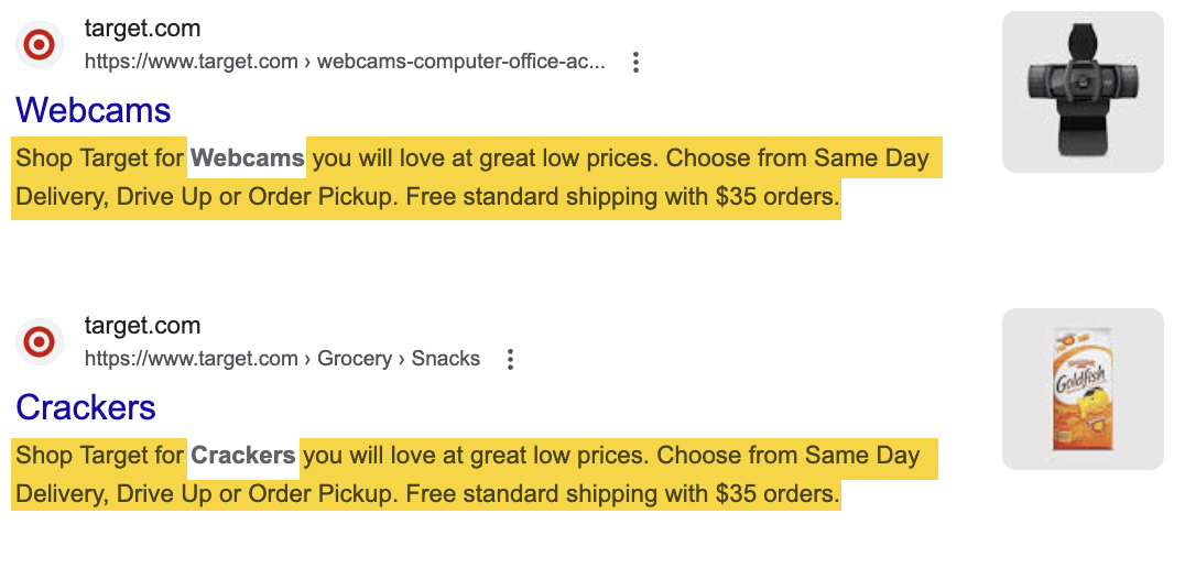 Example of templated meta descriptions on a Google SERP