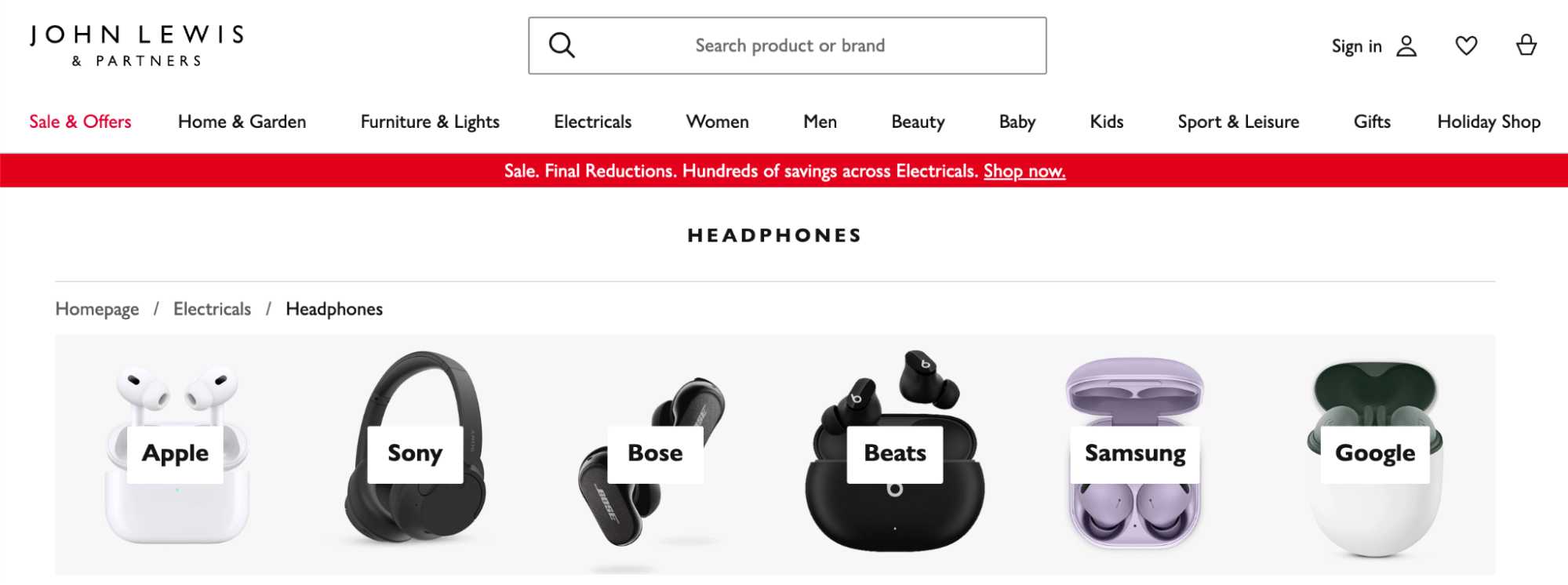 Sous-catégories mises en évidence en haut de la page de la catégorie, via John Lewis