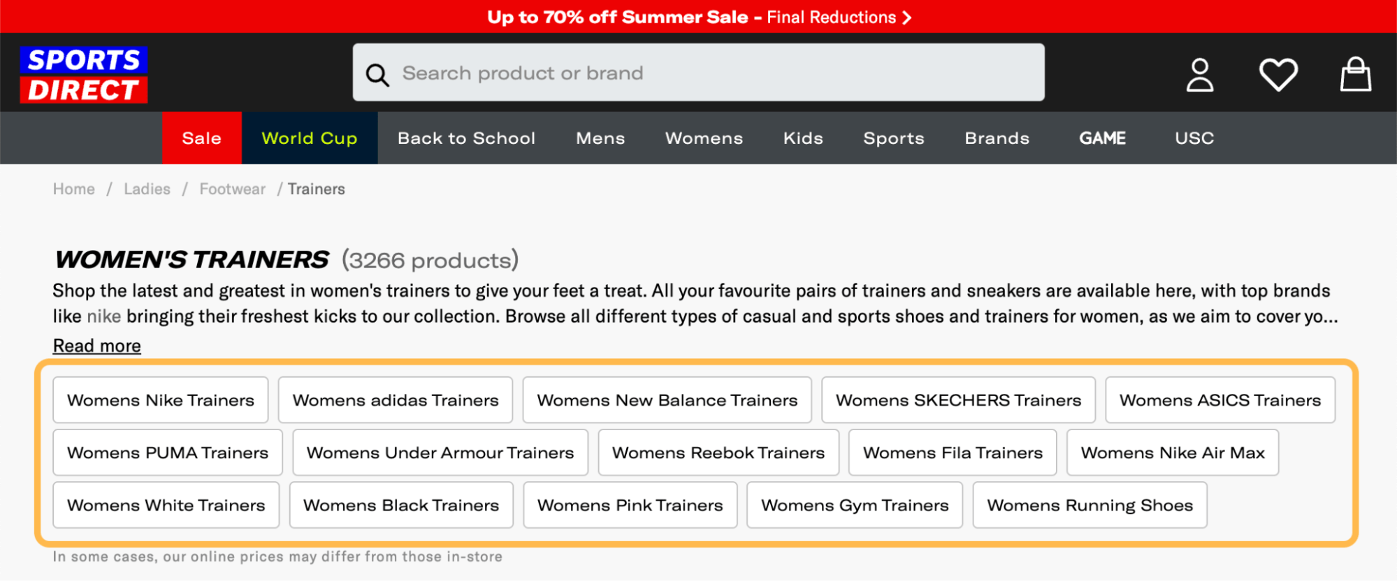 Sous-catégories mises en évidence en haut de la page de la catégorie, via Sports Direct