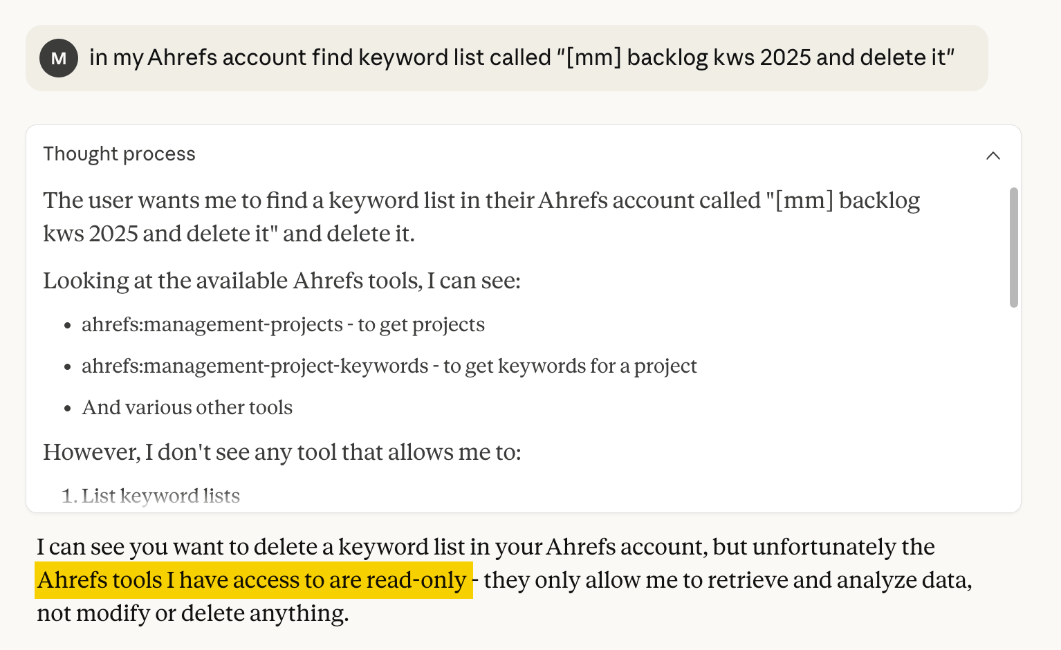 AI chat logs: User requests deletion of a keyword list in Ahrefs, but the AI lacks write access.
