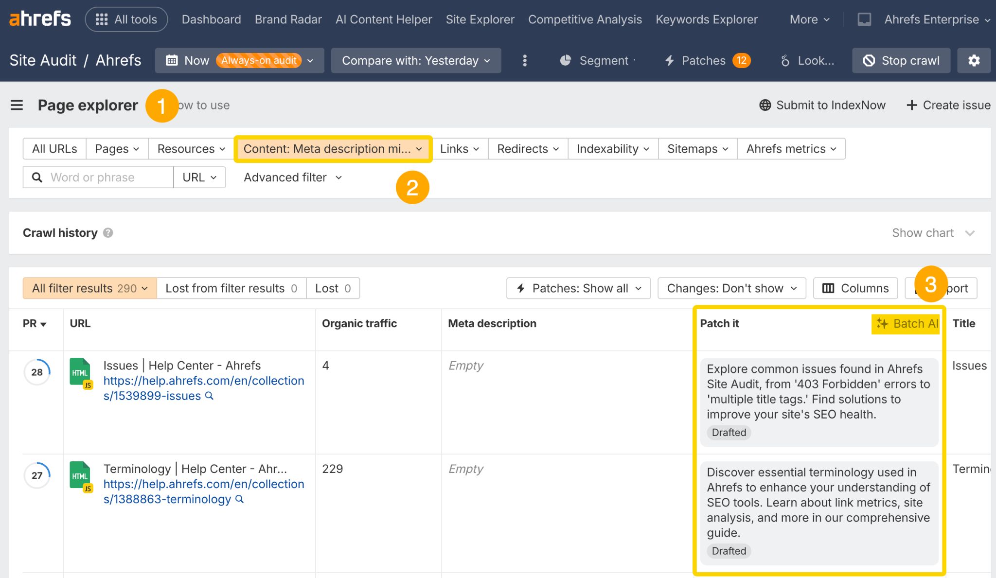 site audit fonctionnalite seo geo ahrefs