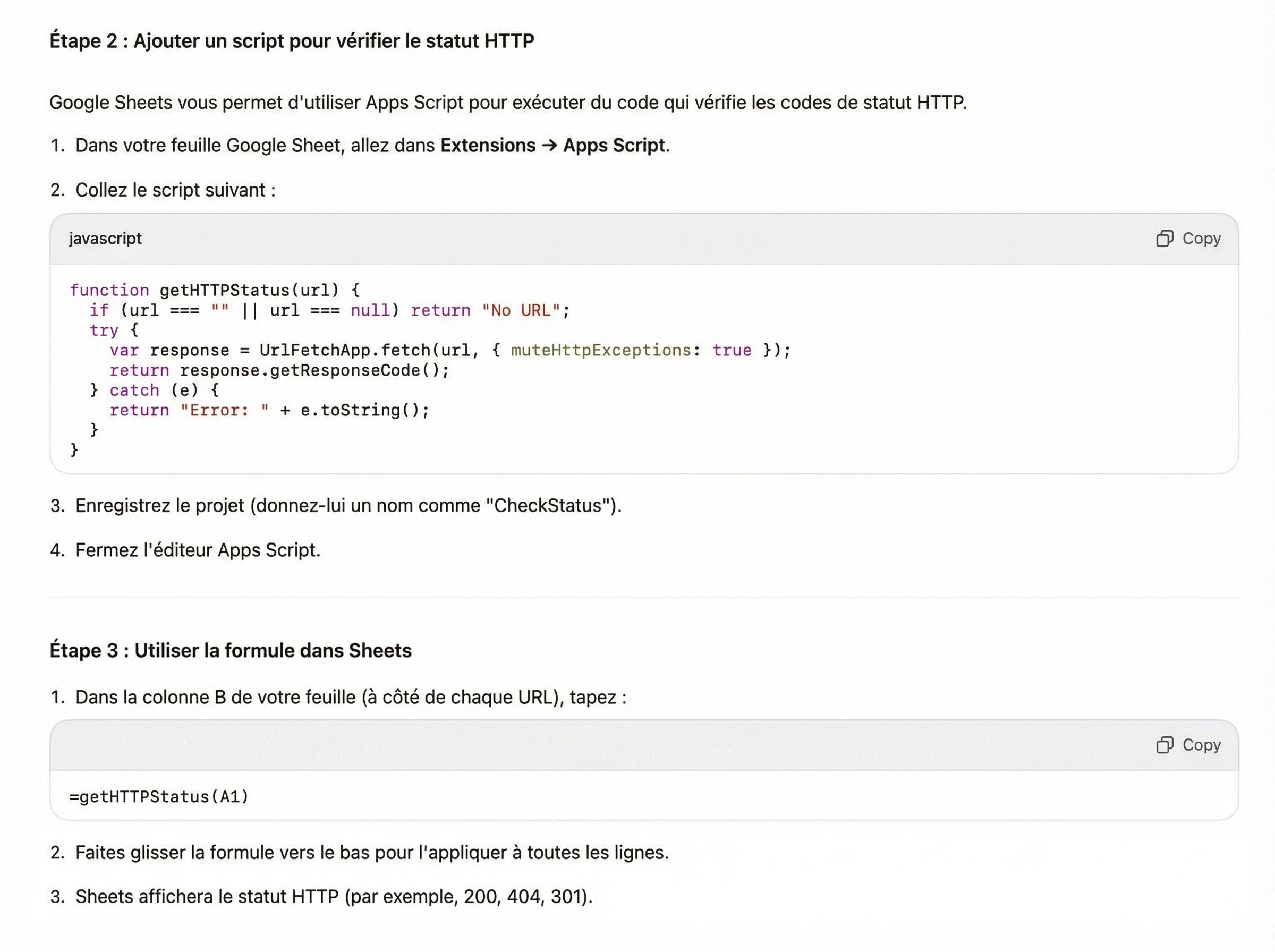 Capture d'écran de l'interface Google Apps Script pour ajouter le code de vérification HTTP