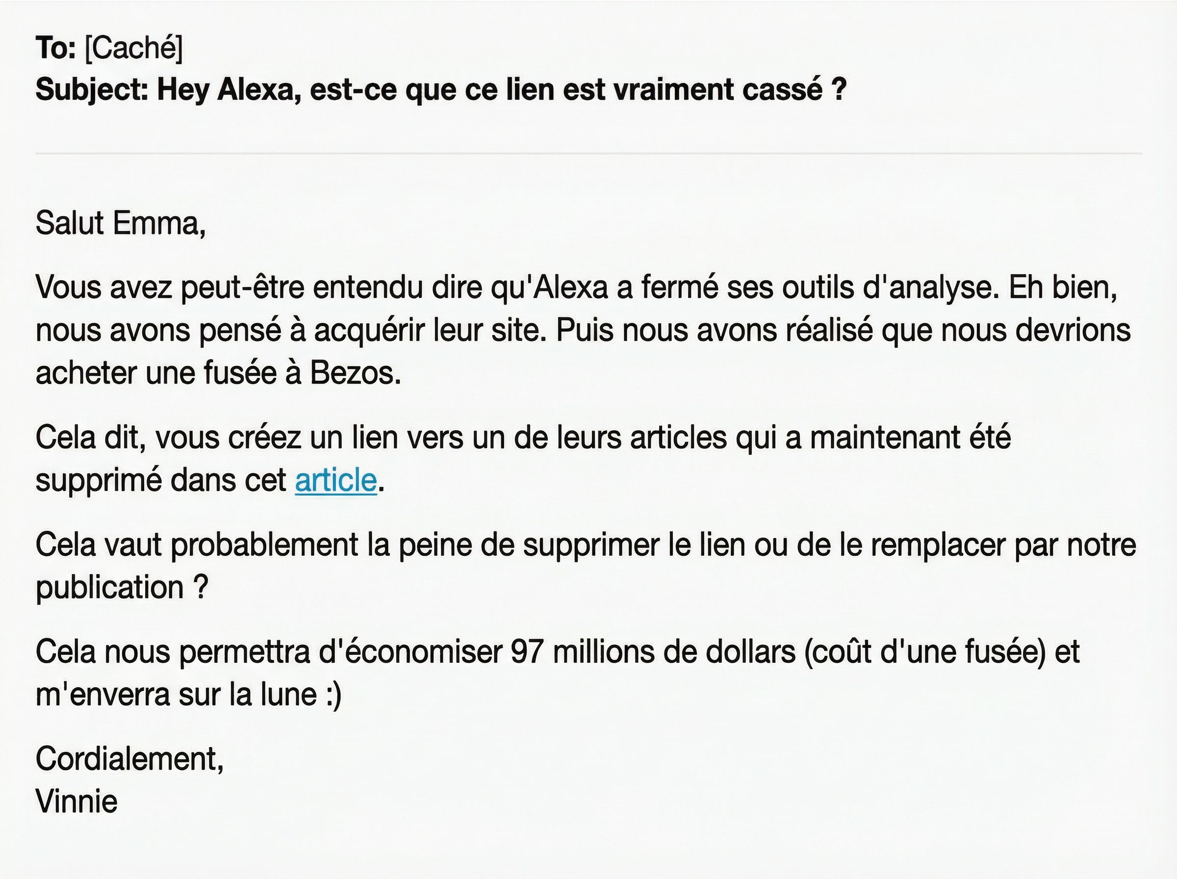 Exemple d'e-mail de prospection pour la récupération de liens cassés