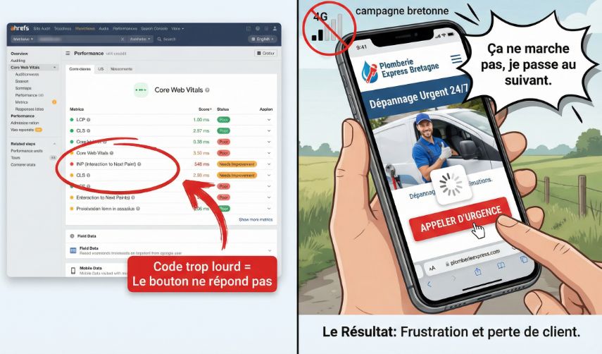  Illustration montrant l'échec d'un clic sur un bouton d'appel sur mobile dû à un mauvais score INP en connexion 4G.
