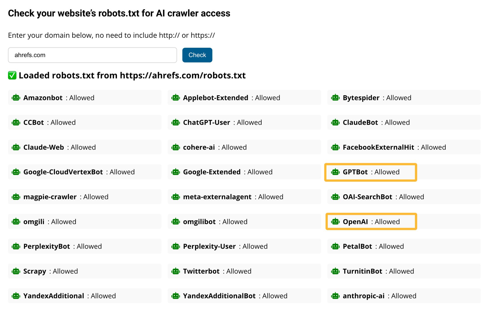 Screenshot of the Ahrefs AI Crawler Access Checker tool for ahrefs.com, showing that crawlers like GPTBot and OpenAI are specifically set to 'Allowed' in the site's robots.txt file.