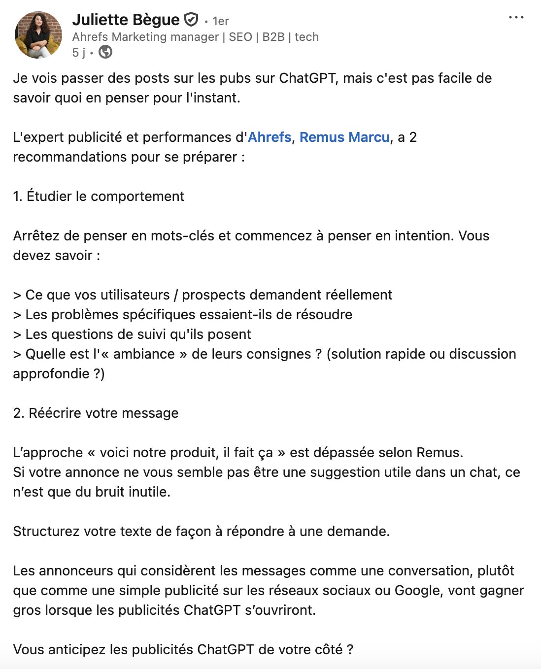 Post LinkedIn de Juliette Bègue à propos des publicités ChatGPT