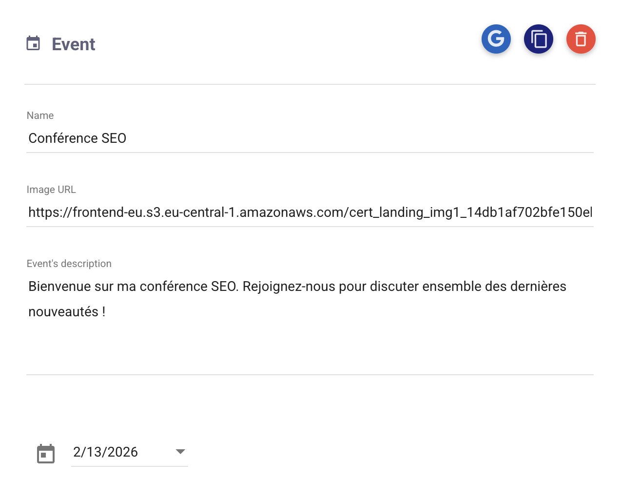 Configuration d'un Event avec Schema Markup Generator