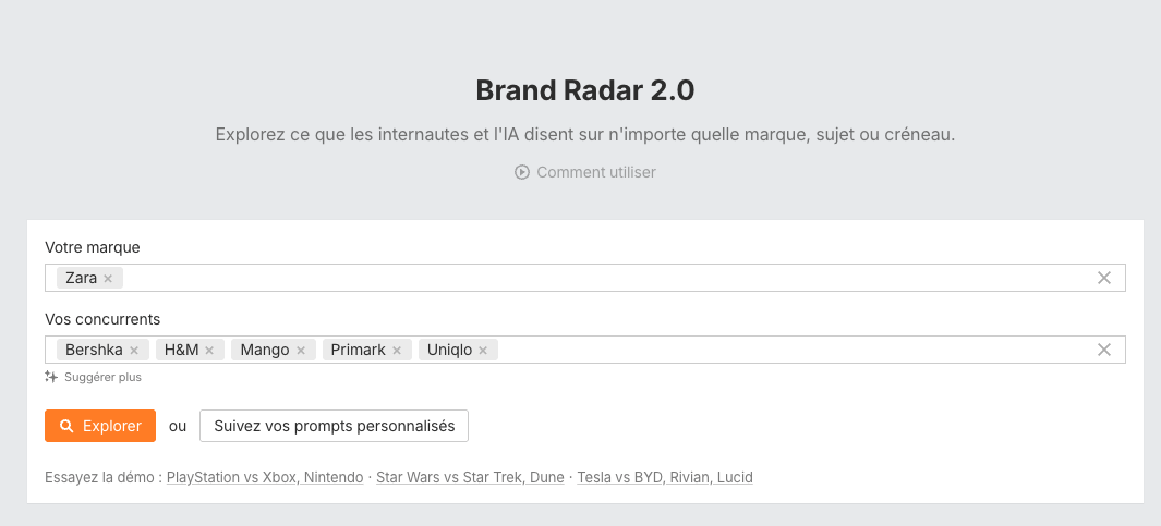 Capture d'écran de la mise en place d'une analyse avec Brand Radar 2.0