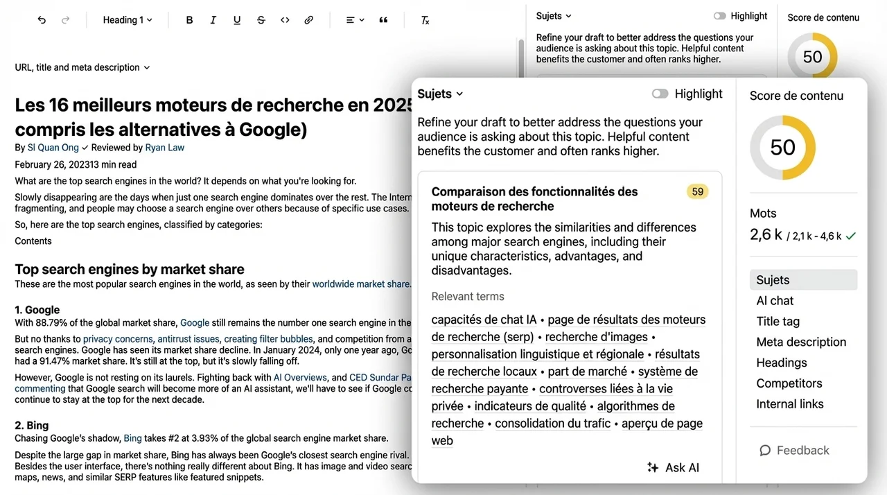 Interface de l'outil Ahrefs AI Content Helper utilisé pour identifier et combler les lacunes sémantiques
