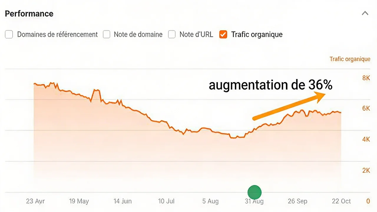 Augmentation de 36% du trafic organique visualisée dans Ahrefs Site Explorer après une mise à jour d'article