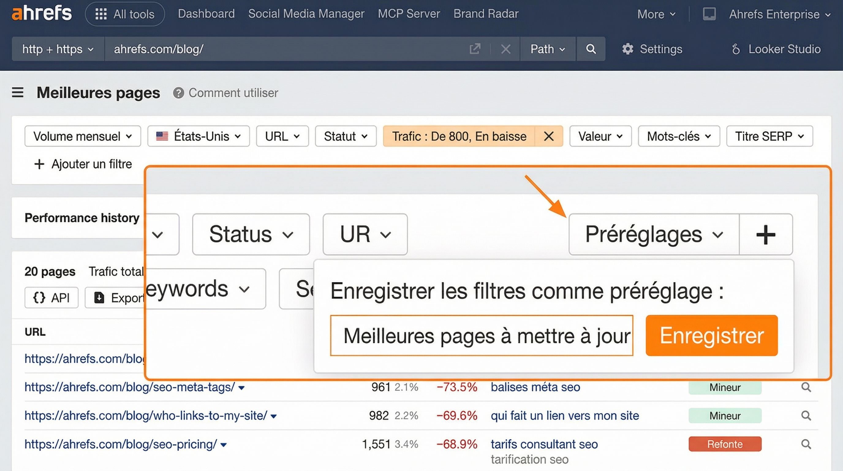Capture d'écran montrant comment sauvegarder un filtre personnalisé en tant que préréglage dans Ahrefs